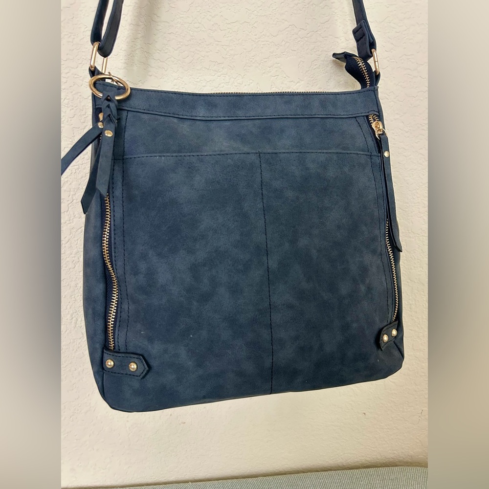 VR NYC Multi-Zip Trim Messenger Handbag Tote Crossbody Purse Bag Navy Blue